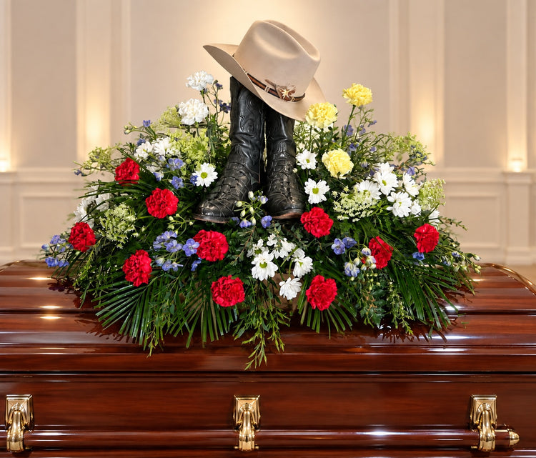 Casket spray of red carnations, white daisies, and blue delphinium around cowboy boots and a hat